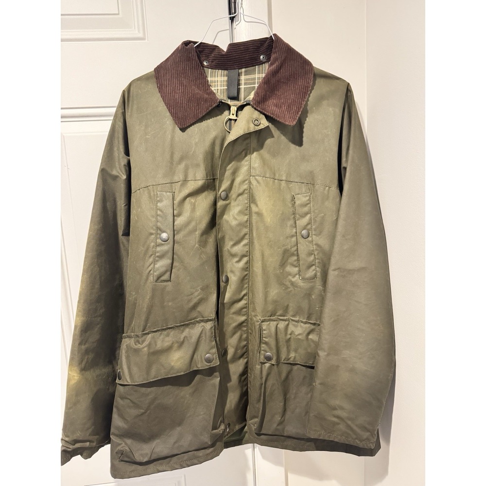 Vintage Paul Stuart Waxed Cotton Field Jacket Green Plaid Lining M Cord Collar